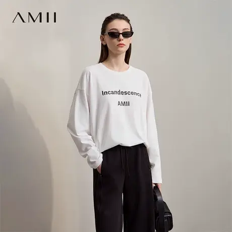 Amii2025秋新款极简通勤中长百搭莱赛尔棉字母印花弹力宽松T恤女商品大图