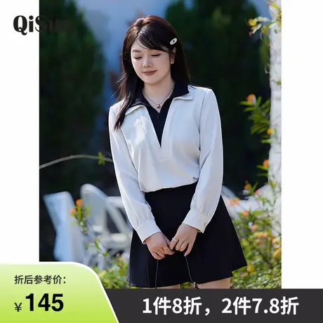 2025秋装新款假两件长袖两穿衬衫女上衣套头大码显瘦胖MM衬衣内搭商品大图