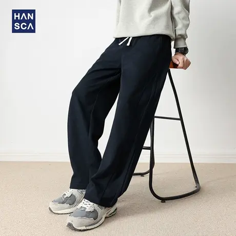 hansca秋季300g宽松慵懒风卫裤男潮牌美式运动直筒抽绳拼接休闲裤商品大图