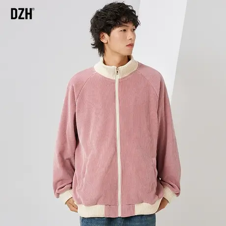 男士粉色美式复古开衫外套男立领秋季宽松上衣2023年新款工装夹克商品大图