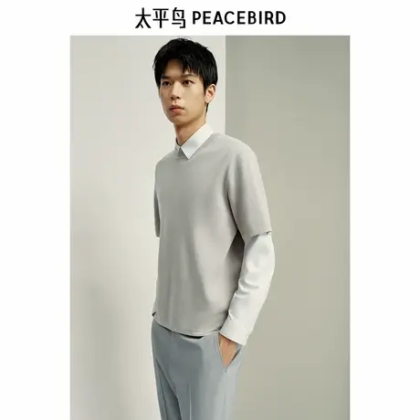 太平鸟男装圆领针织短袖T恤秋季重磅短袖时尚青年上衣质感体恤衫商品大图
