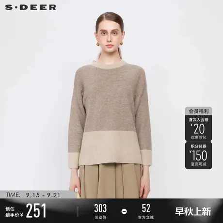 sdeer圣迪奥冬季女装罗纹圆领撞色拼接宽松针织衫S234Z3568商品大图