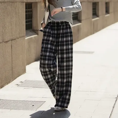 唐狮格子裤女秋季新款阔腿裤女高腰松弛感休闲垂感拖地裤子TUTA图片