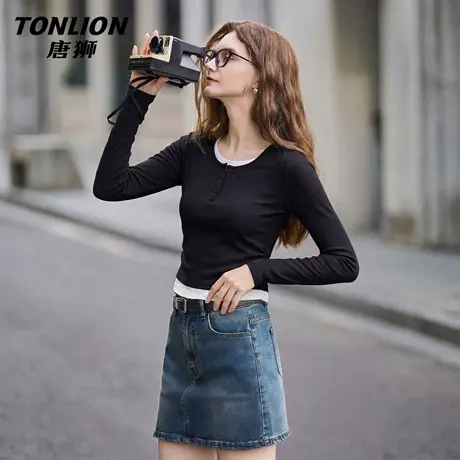 唐狮官方修身打底衫女2026新款春季假两件短款长袖t恤内搭上衣VC图片