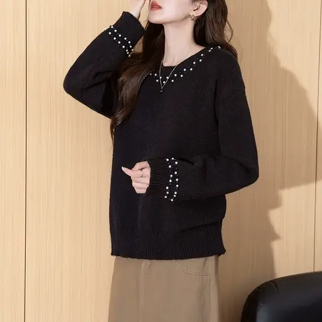 唐狮秋冬季毛衣女小香风精致装饰设计小众圆领套头黑色毛线衫TU商品大图