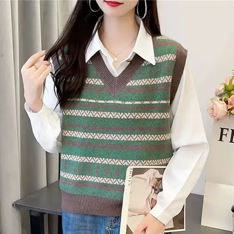 针织马甲女复古V领条纹短款背心女士马夹2023秋冬新款叠穿上衣女图片