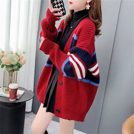 单排扣条纹V领针织开衫女2023年新款早春宽松慵懒学院风毛衣外套商品大图