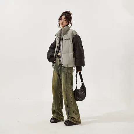 YEP潮牌针织拼接短款棉服女冬季加厚外套新款复古宽松面包服棉衣商品大图