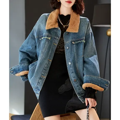 宝诗黎翻领加绒棉质韩版牛仔外套女装2023年冬季新款加厚宽松上衣商品大图