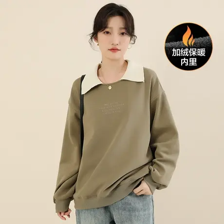 新品8.5折】娃娃领刺绣套头T恤上衣宽松复古加绒卫衣女厚商品大图