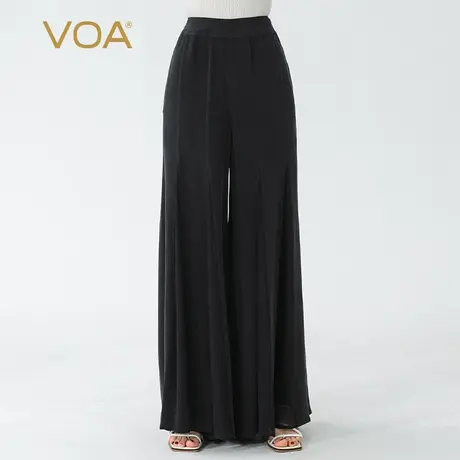 VOA夜空黑砂洗重磅桑蚕丝自然腰侧插袋简约通勤百搭真丝阔腿长裤商品大图