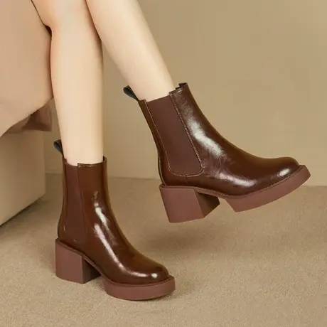 秋冬新款透气单靴切尔西靴女真牛皮时尚女靴粗跟舒适百搭显瘦短靴图片