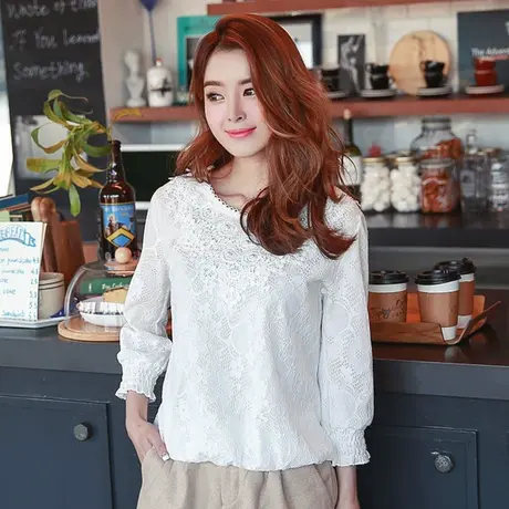 桔熊春秋通勤长袖蕾丝上衣女钉珠收腰遮肉洋气打底小衫大码AA8750图片