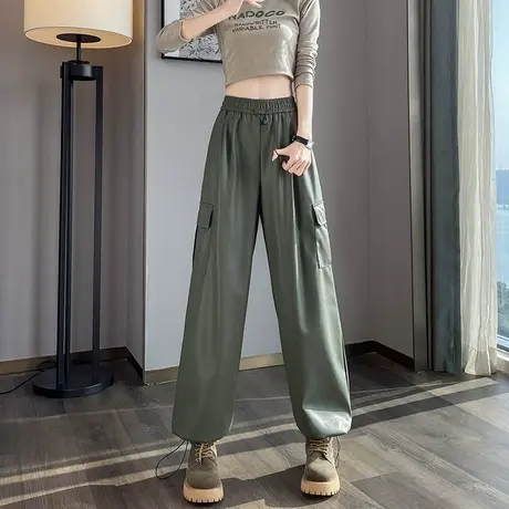 军绿色工装皮裤女秋冬季松紧腰抽绳宽松直筒显瘦休闲阔腿裤潮ins图片