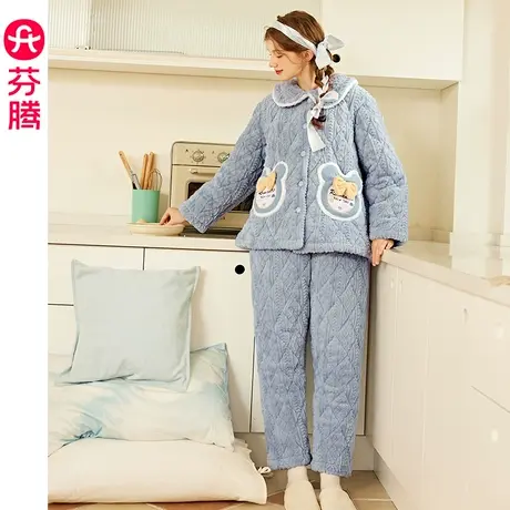 芬腾珊瑚绒夹棉睡衣女冬季保暖抗静电三层加厚加绒女士家居服套装商品大图