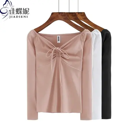 春秋季韩版V领抽绳纯白纯色修身显瘦长袖体恤女装上衣内搭打底衫商品大图