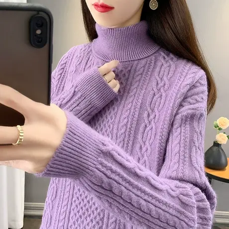 2023春装新款韩版宽松高领针织衫毛衣女士打底衫上衣麻花纯色长袖商品大图