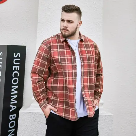 胖哥哥格子衬衫男新款加肥加大宽松胖子纯棉男装长袖大码肥佬衬衣图片