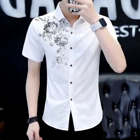 夏季短袖衬衫男士新款帅气印花衬衣韩版修身潮流男装半袖薄款寸衣商品大图