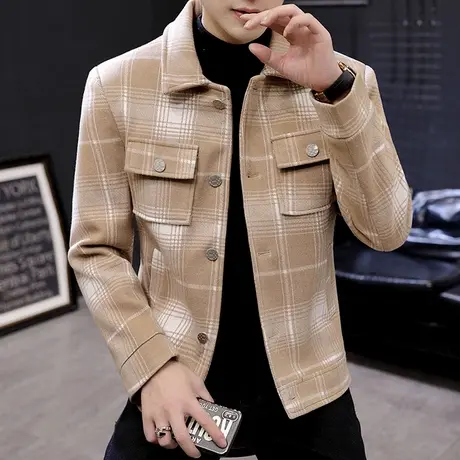 秋季男士潮牌外套新款翻领工装机能夹克ins韩版格子休闲男装上衣商品大图