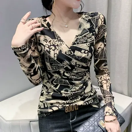 欧货字母印花打底衫女长袖春秋2023新款设计感V领交叉T恤网纱上衣商品大图