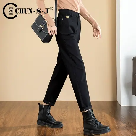 黑色休闲裤女秋冬加绒裤子2023新款九分大码女裤直筒哈伦裤萝卜裤商品大图