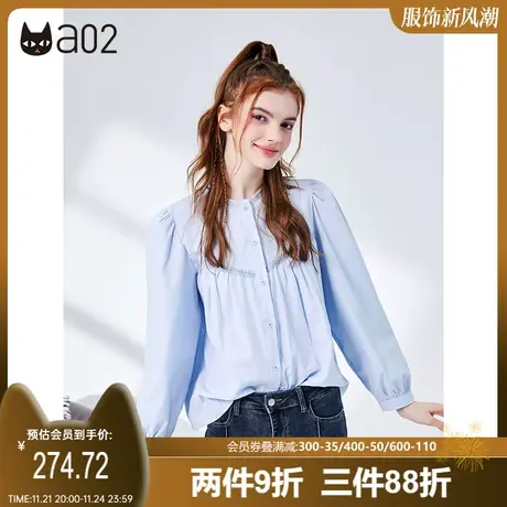 a02甜美文艺风衬衫女2022秋新品法式泡泡袖圆领衬衫简约宽松衬衣图片