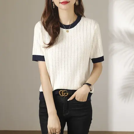 白色短袖t恤女2023新款夏季女装冰丝针织衫薄款宽松半袖上衣体恤图片