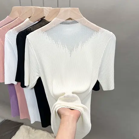 蕾丝半高领冰丝镂空针织衫女2023春夏秋新款外穿上衣中袖t恤衫潮商品大图