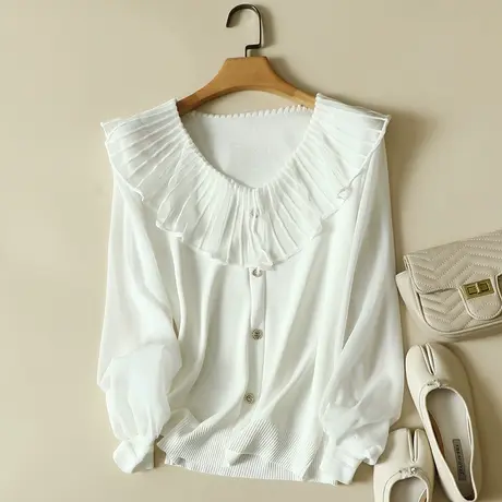 春装2024年新款雪纺袖冰丝针织衫女长袖宽松上衣洋气蕾丝打底衫女图片