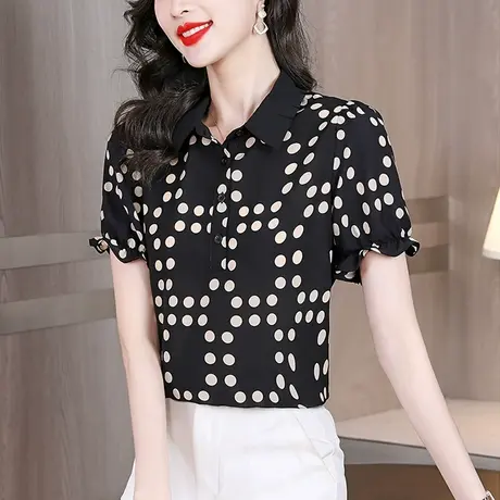 波点雪纺衬衫女短袖夏季新款2023年夏天漂亮气质宽松减龄女士上衣商品大图