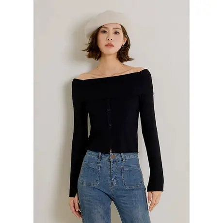 弥古黑色一字肩毛衣针织衫女修身法式露肩上衣春秋高级感打底内搭商品大图