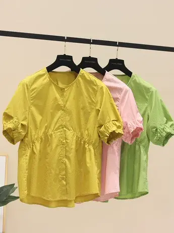 不规则褶皱收腰衬衫女夏季2023设计感上衣圆领短袖宽松百搭衬衣商品大图