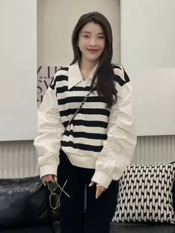 条纹假两件拼接POLO领长袖衬衫女2023春季爆款甜美减龄洋气上衣潮商品大图