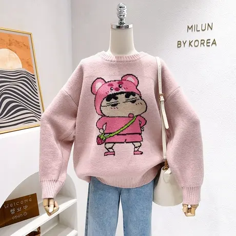 奶fufu的粉色毛衣~韩代款ins搞怪卡通秋冬加厚毛衣针织衫微胖遮肉商品大图