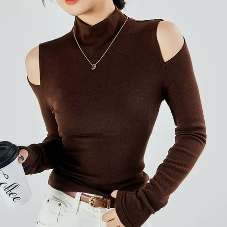 磨毛露肩半高领打底衫女2022秋冬季新款纯色保暖内搭纯色修身上衣图片