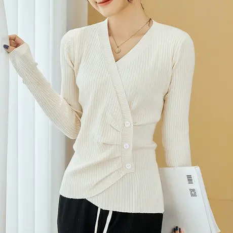 不规则V领针织衫女2023秋冬褶皱韩版开衫修身气质设计感打底上衣商品大图