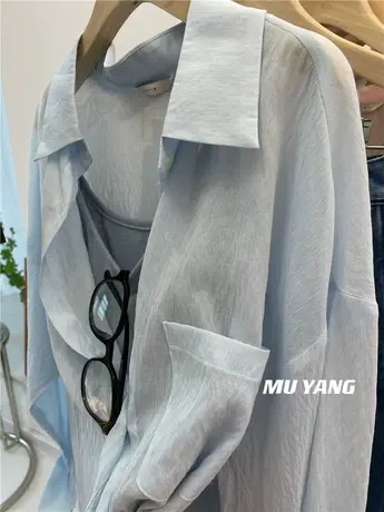 韩国6色 夏天b备的防晒衬衣！薄款透气百搭麻口袋长袖衬衫上衣潮图片