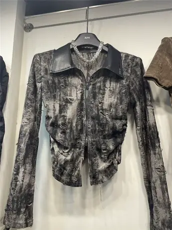 欧洲站皮领晕染破洞长袖衬衫女2023秋季新款褶皱显瘦辣妹上衣服潮商品大图