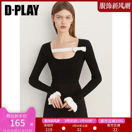 DPLAY秋季富家千金赫本风黑拼白撞色蝴蝶结荷叶边针织套头毛衣商品大图