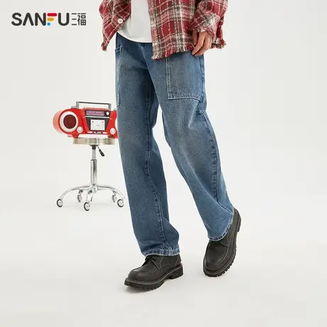 三福2024春男士大口袋宽松牛仔裤 复古潮流休闲直筒长裤479152商品大图