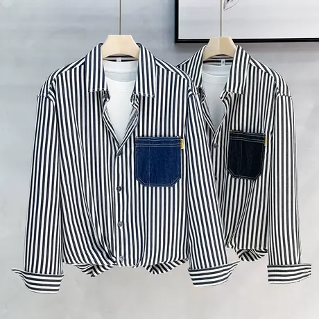 秋季休闲蓝色条纹衬衫男2023新款日系宽松男士长袖牛仔衬衣外套商品大图