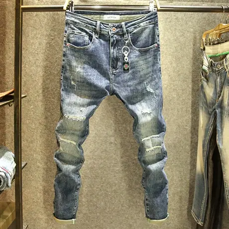 潮牌磨破工艺男士牛仔裤韩版修身小脚裤高街痞帅时尚破洞补丁长裤商品大图
