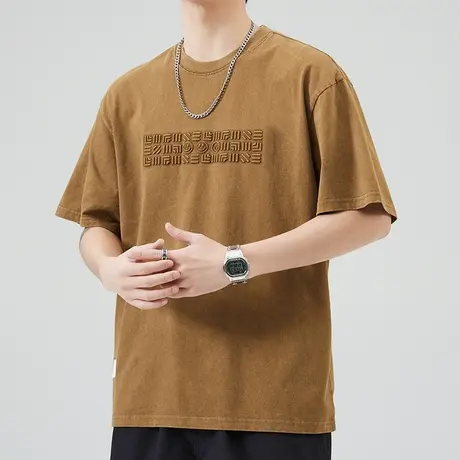 夏季全棉棕色圆领短袖T恤衫男士2024新款无领体恤夏天上衣服男装商品大图