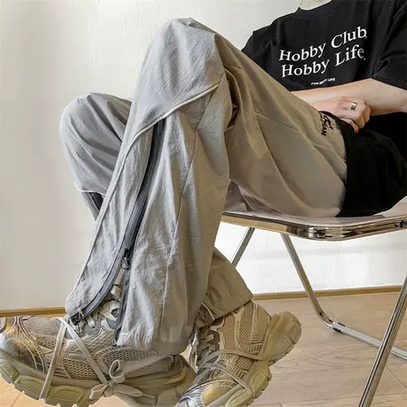 尼龙防晒裤子男夏潮牌直筒拉链机能冲锋裤美式复古冰丝降落伞兵裤图片