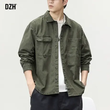 男士军绿色工装长袖衬衫男春秋款寸衣潮牌高级感衬衣2023新款外套商品大图