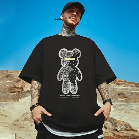 oversize港风潮牌国潮嘻哈短袖T恤胖子宽松大码男装情侣装半袖夏图片