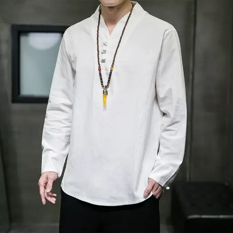 春秋季男长袖T恤V领复古盘扣中式衣服休闲打底衫青年宽松民族服装商品大图