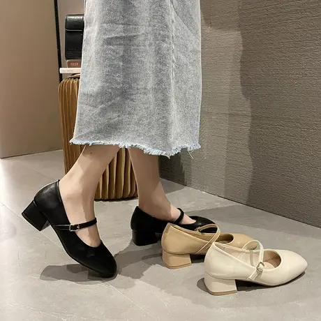 玛丽珍单鞋女2024年春季新款百搭小众气质一字带鞋子中跟粗跟女鞋图片