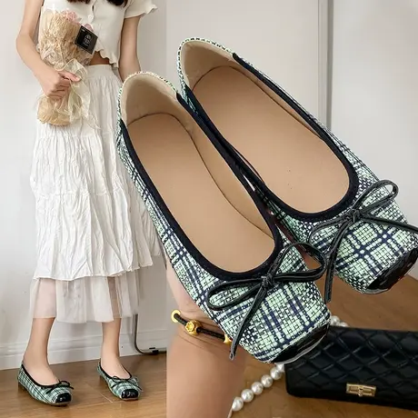 小香风平底单鞋女秋季2024新款女鞋子法式格子瓢鞋百搭四季豆豆鞋商品大图